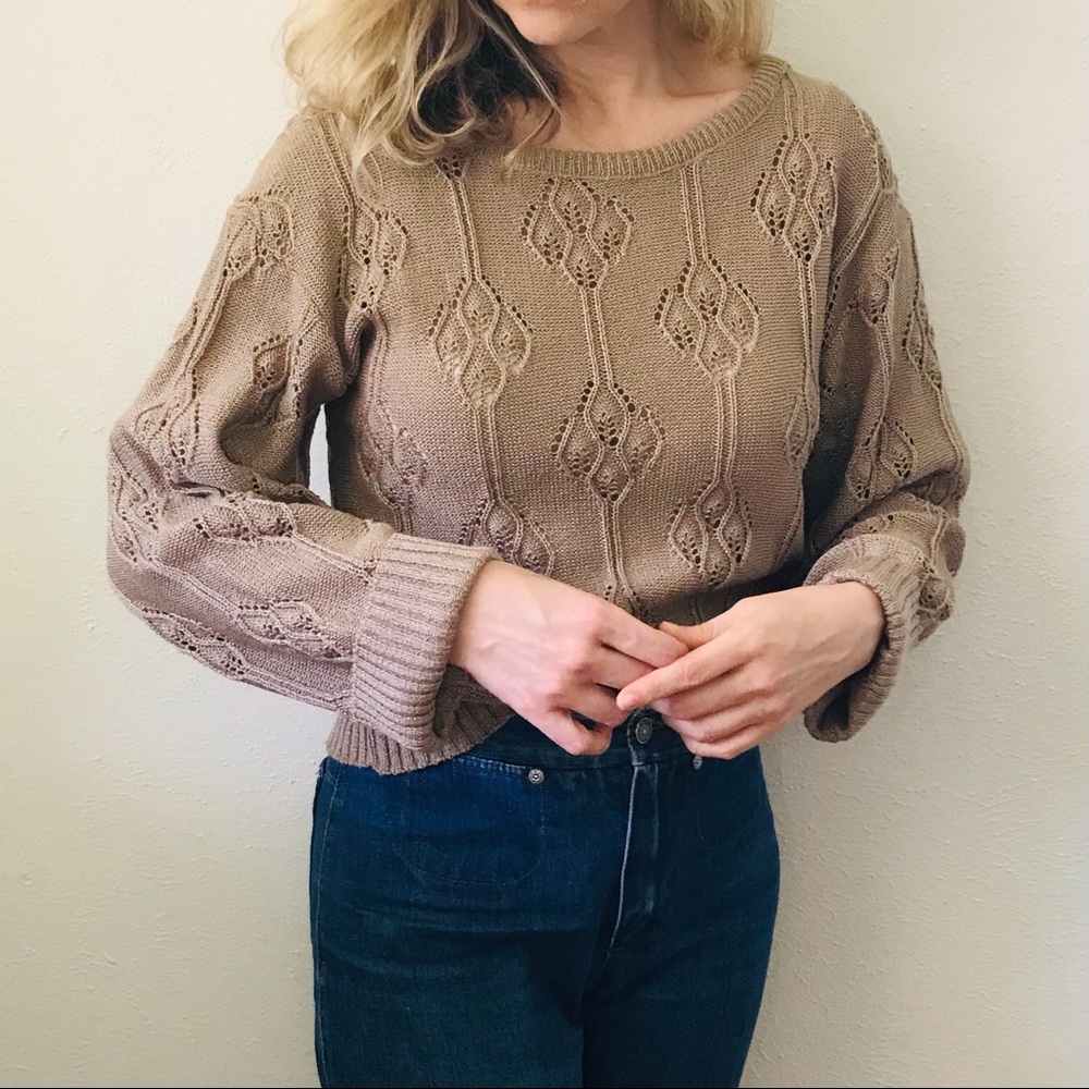 80s Vintage Tan Pointelle Cutwork Sweater S